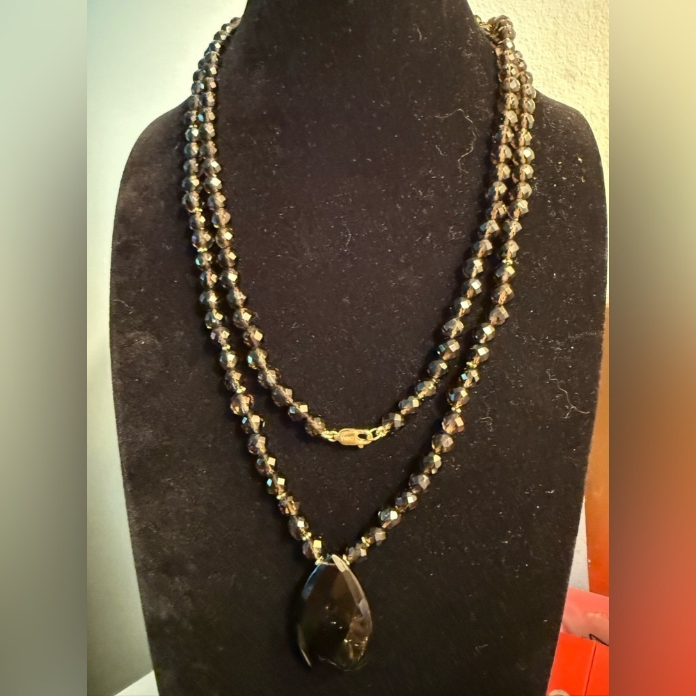 Estate Vintage Smoky Quartz Necklace – 34” with 14K Gold Accents & Pendant